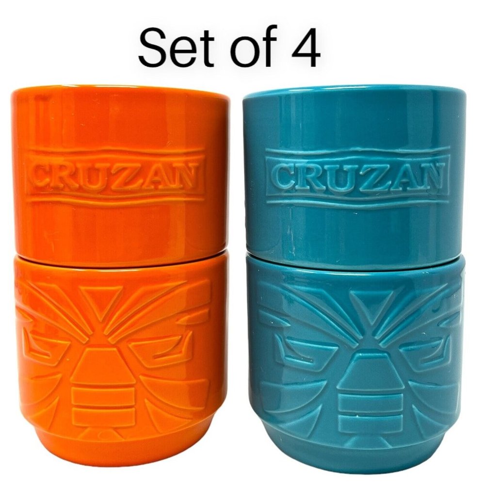 Cruzan Rum Turquoise Blue & Orange Tiki Mugs Cups Stackable Luau Party Tropical